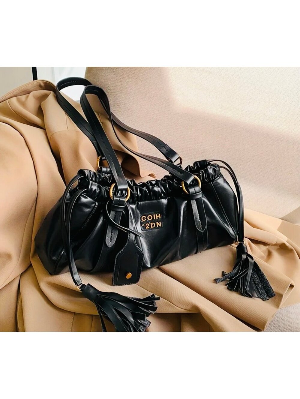 New - Unique - Vintage Style Drawstring Tassel Faux Leather Baguette Bag - Black